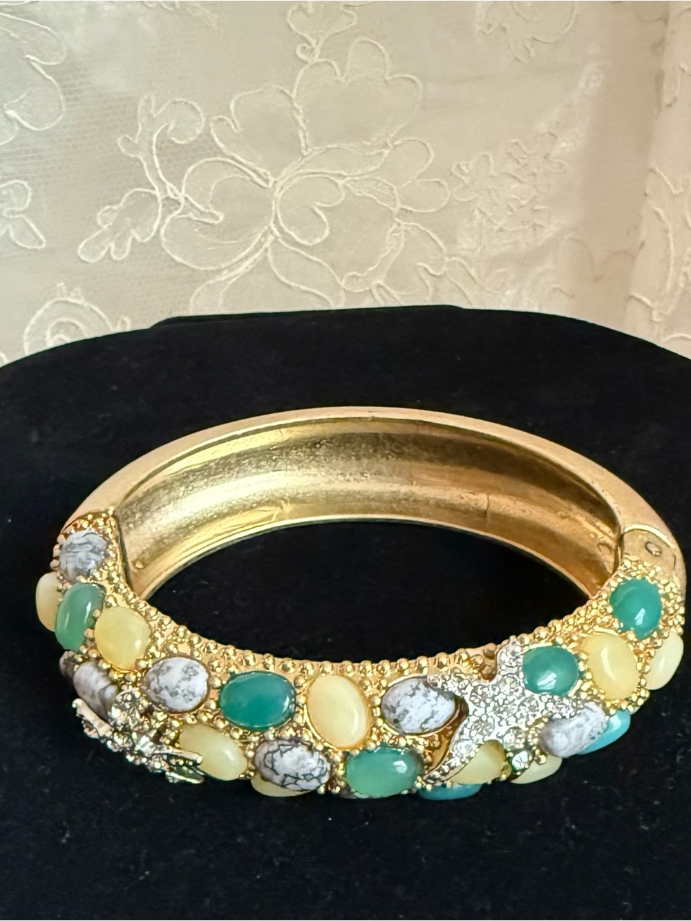 CAbi Gold-tone Bracelet Collectible with Green, Cream, and Gray Cabochons #2129